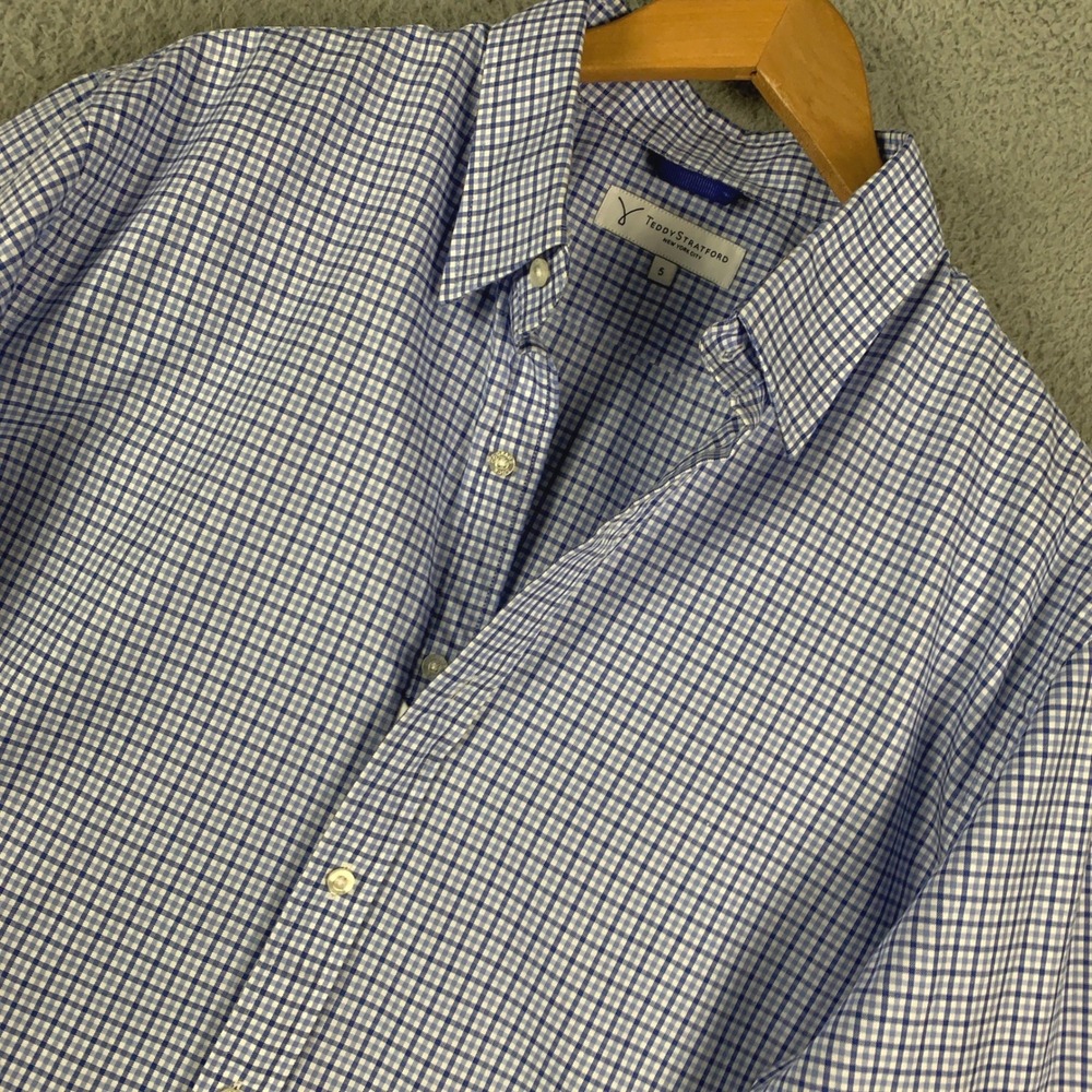 Teddy Stratford Zip Fit Shirt Men's Size 5 XL Blue White Gingham Cotton Tailored